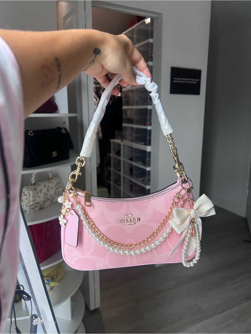 Coach Pink Pearl-Embellished Shoulder Bag with Bow Charm